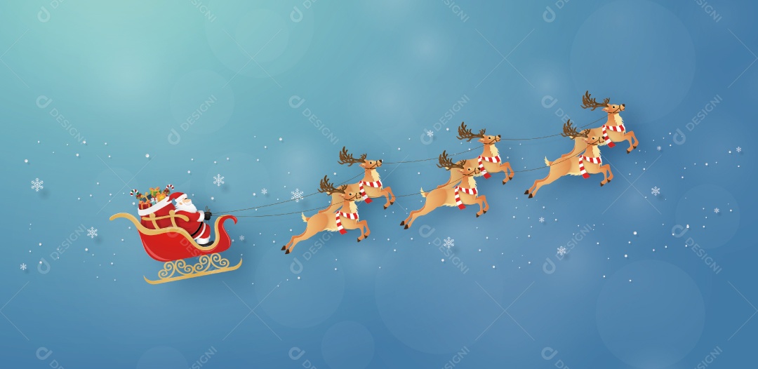 Arte de Papel Origami de Papai Noel e Renas Voando no Céu Vetor EPS