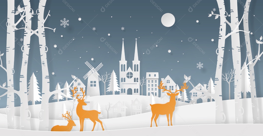 Estilo Artesanal de Renas na Floresta Perto da Cidade na Temporada de Inverno Vetor EPS