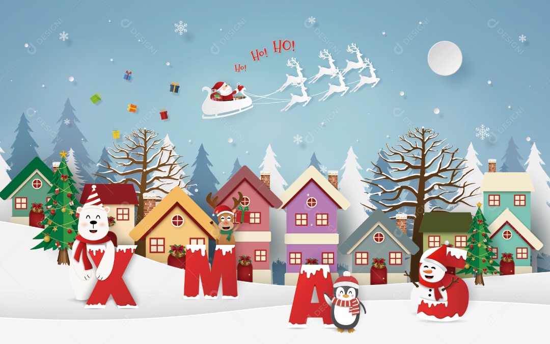 Estilo Artesanal de Papai Noel Dando Presentes na Aldeia Com Festa de Natal Vetor EPS