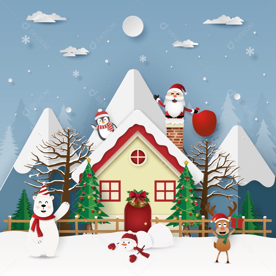 Estilo Artesanal do Papai Noel na Chaminé no Telhado Vetor EPS