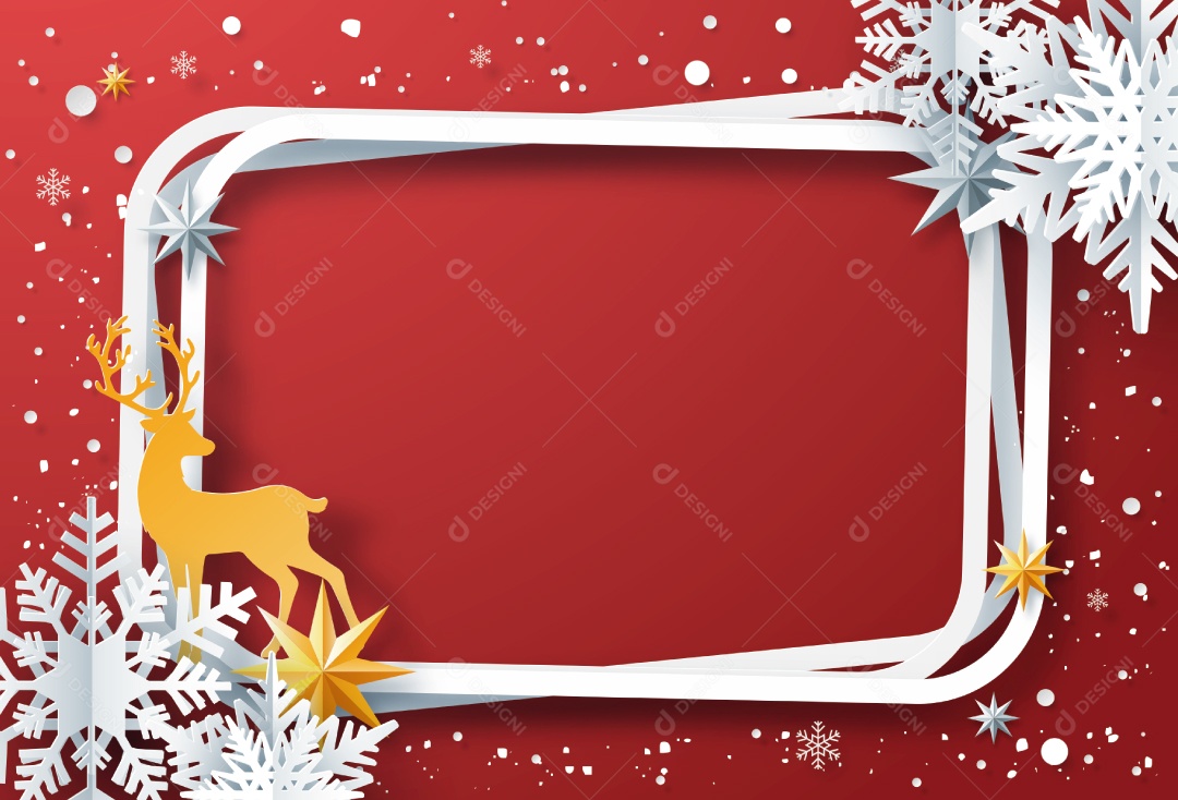 Arte de Papel do Quadro de Inverno Com Flocos de Neve, Renas Em Fundo Vermelho Vetor EPS