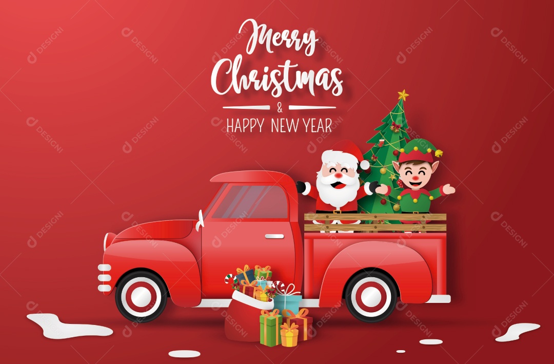 Arte de Papel Origami do Caminhão Vermelho de Natal Com Papai Noel e Elfo Vetor EPS