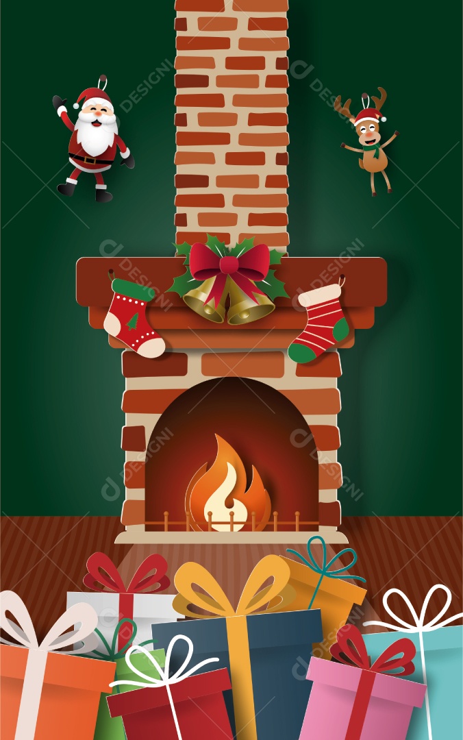 Arte Em Papel de Lareira e Presentes de Papai Noel Em Casa Vetor EPS