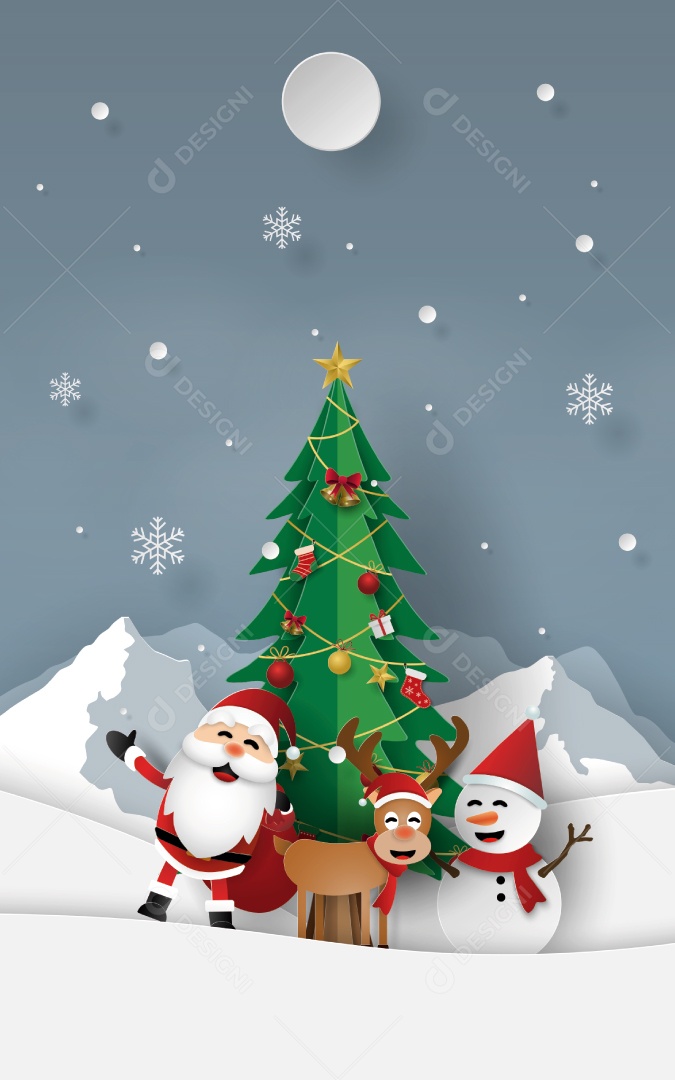 Arte Em Papel Estilo Artesanal da Festa de Natal na Montanha de Neve Vetor EPS