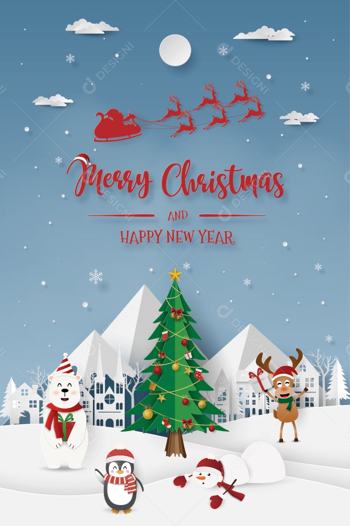 Arte Em Papel Estilo Artesanal da Festa de Natal na Montanha de Neve Vetor EPS