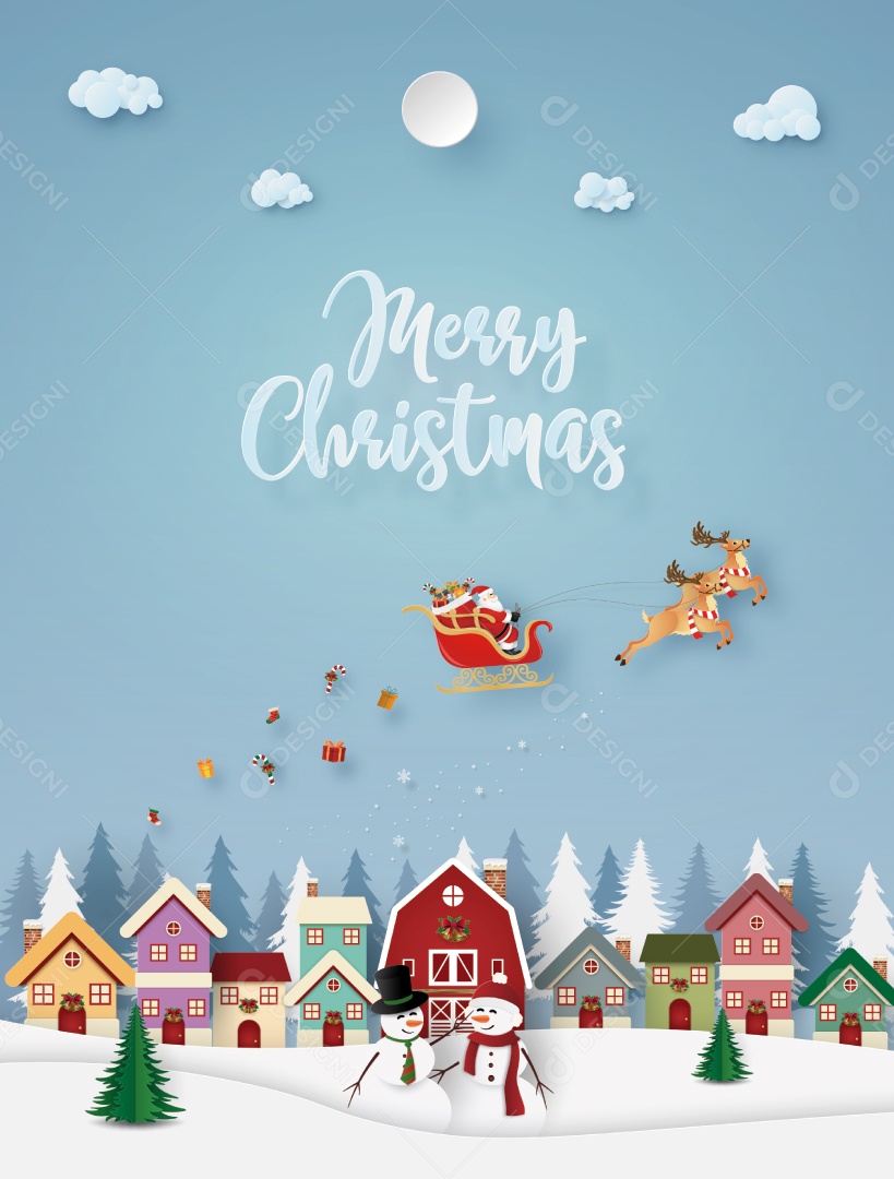 Arte de Papel Origami de Papai Noel Chegando à Cidade Vetor EPS