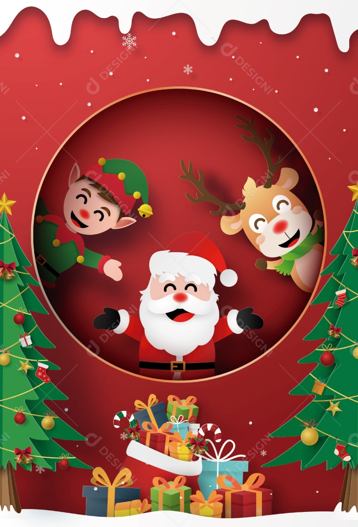 Arte de Papel Origami de Papai Noel Rena e Elfo na Janela Com Presente de Natal Vetor EPS