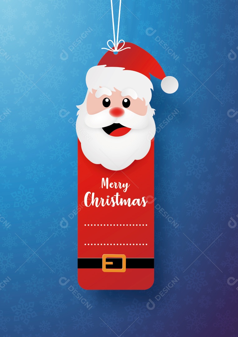 Arte em papel do banner de etiqueta do Papai Noel de Natal e corda pendurada no fundo do floco de neve azul Vetor EPS