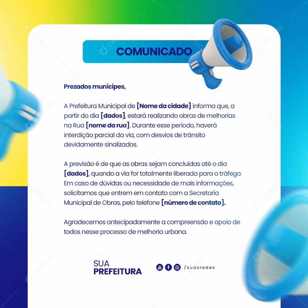 Prefeitura Comunicado Prezados Munícipes Social Media PSD Editável