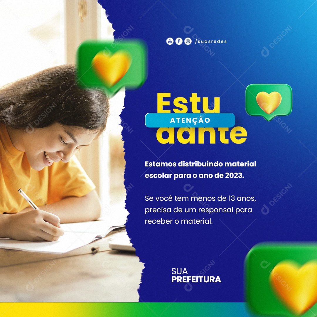 Prefeitura Atenção Estudante Material Escolar Social Media PSD Editável