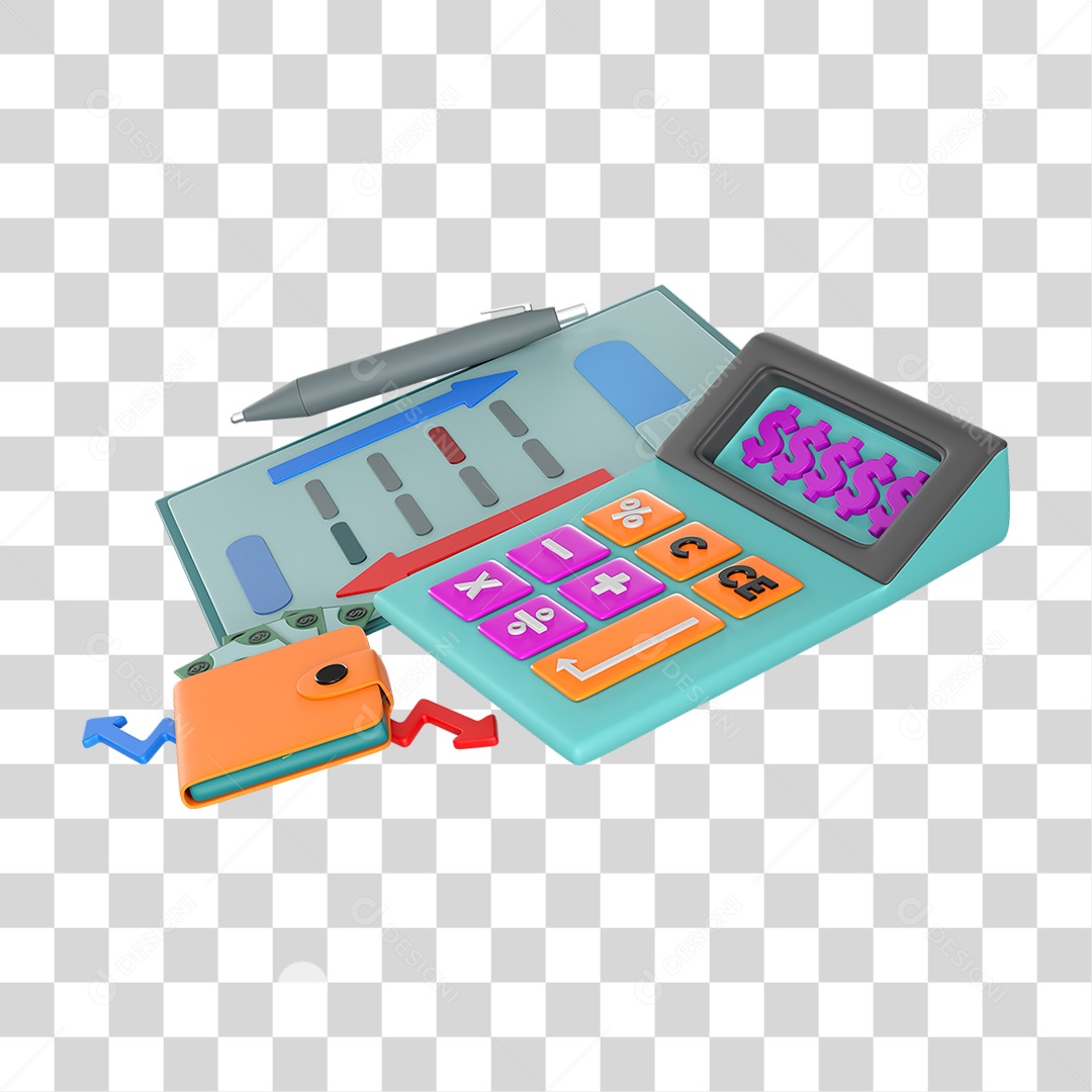 Elemento 3D Balanço Carteira Calculadora para Composição PNG Transparente