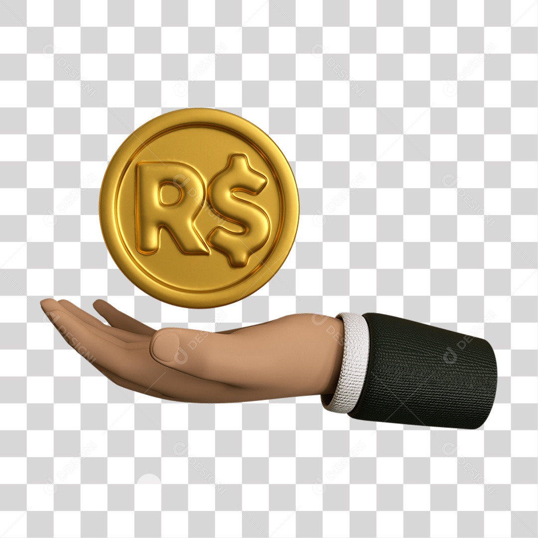 Elemento 3D Mão Moeda Nacional para Composição PNG Transparente