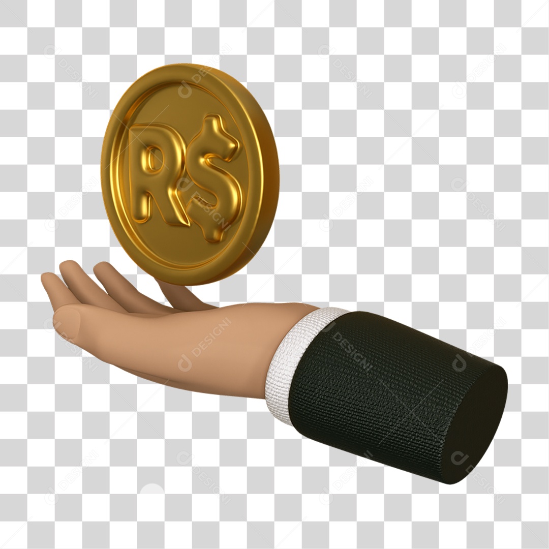 Elemento 3D Mão Moeda Nacional para Composição PNG Transparente