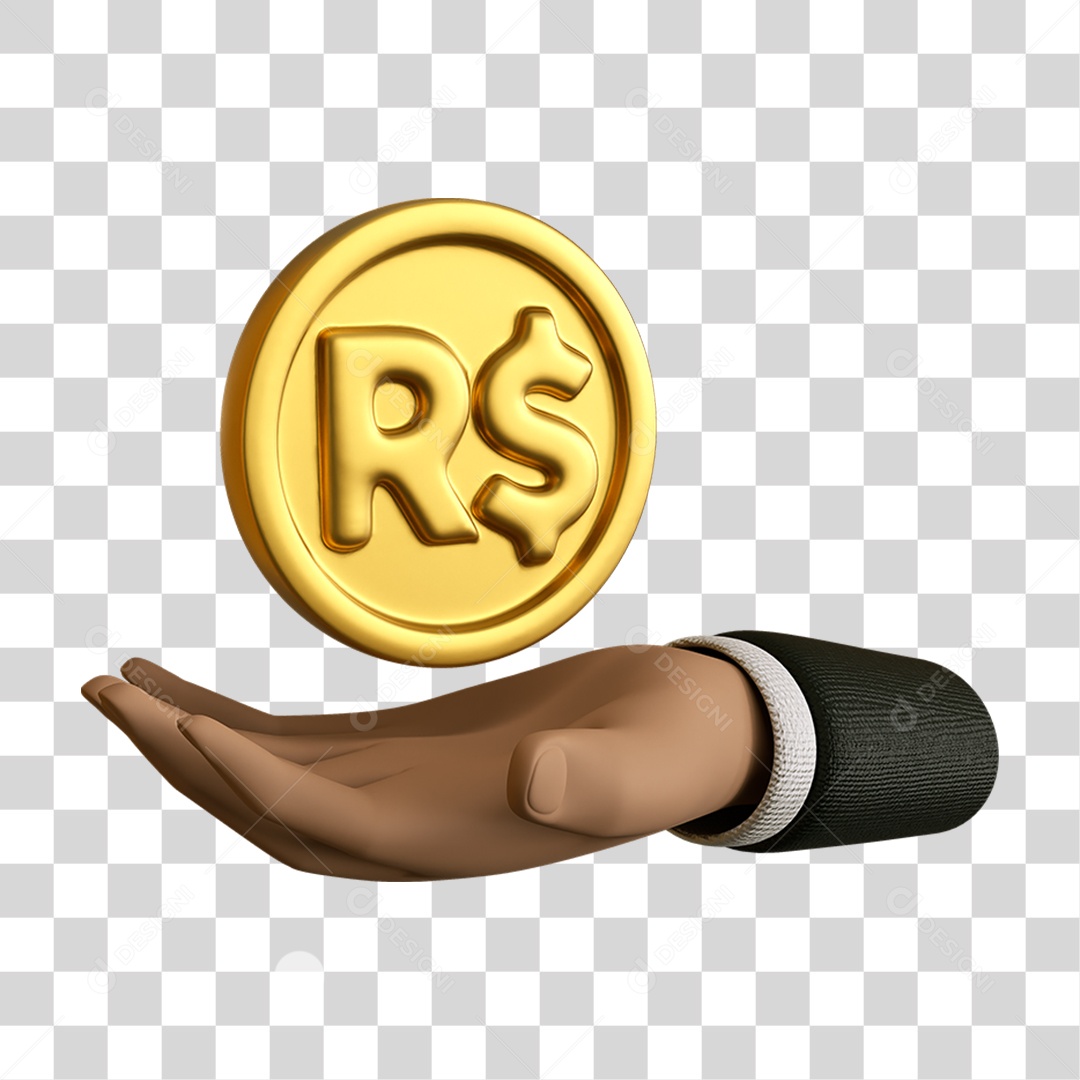 Elemento 3D Mão Moeda Nacional para Composição PNG Transparente