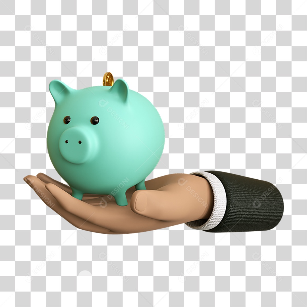Elemento 3D Mão Porquinho Moeda Nacional para Composição PNG Transparente