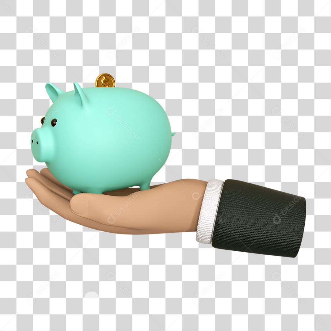 Elemento 3D Mão Porquinho Moeda Nacional para Composição PNG Transparente
