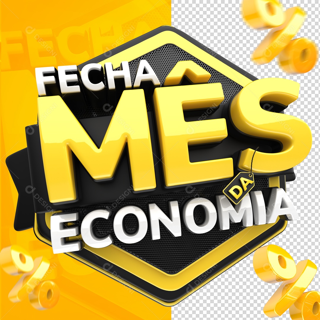 Fecha Mês Da Economia Selo 3D Amarelo e Preto para Composição PSD