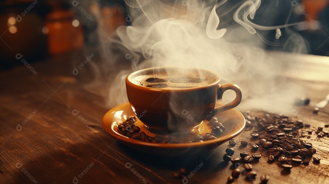 Café fresco na mesa de madeira