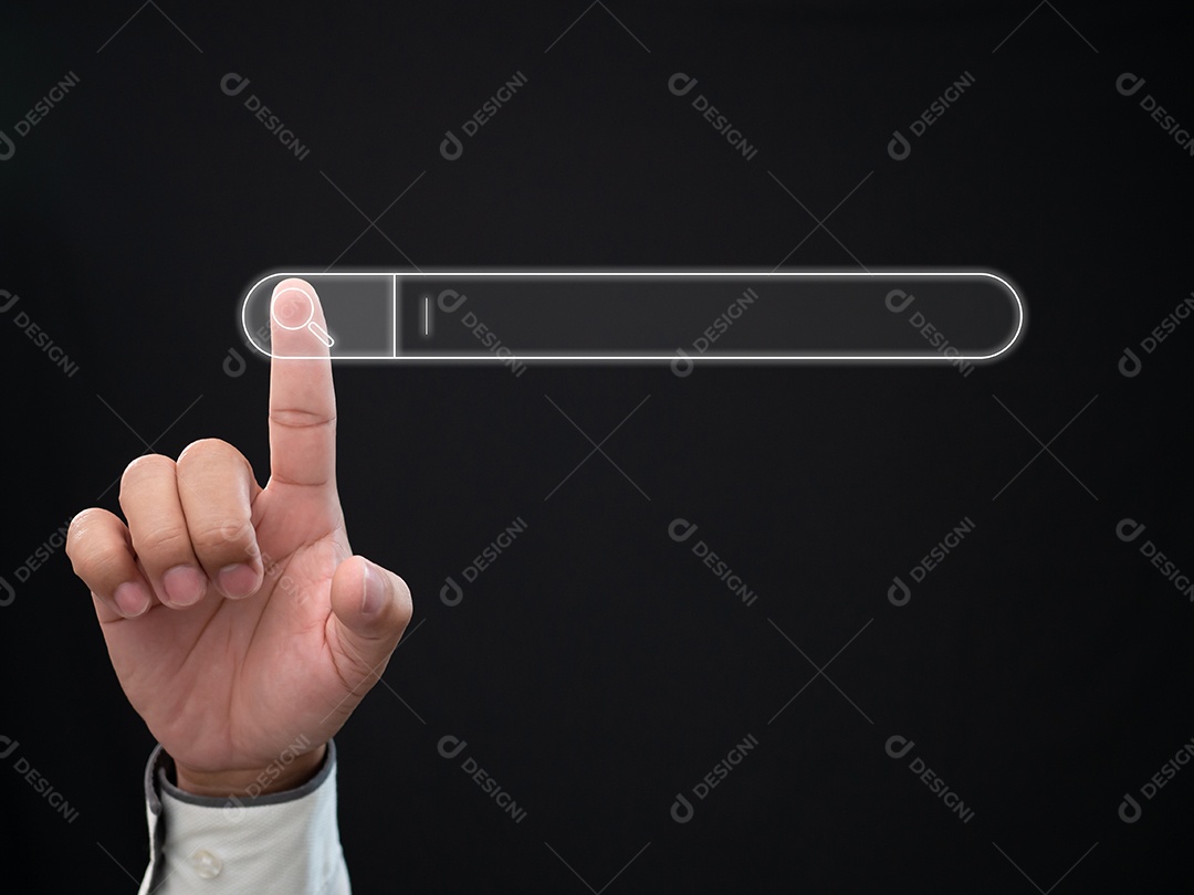 O conceito de busca de informações em uma rede global. Mão humana apontando para guia de pesquisa.