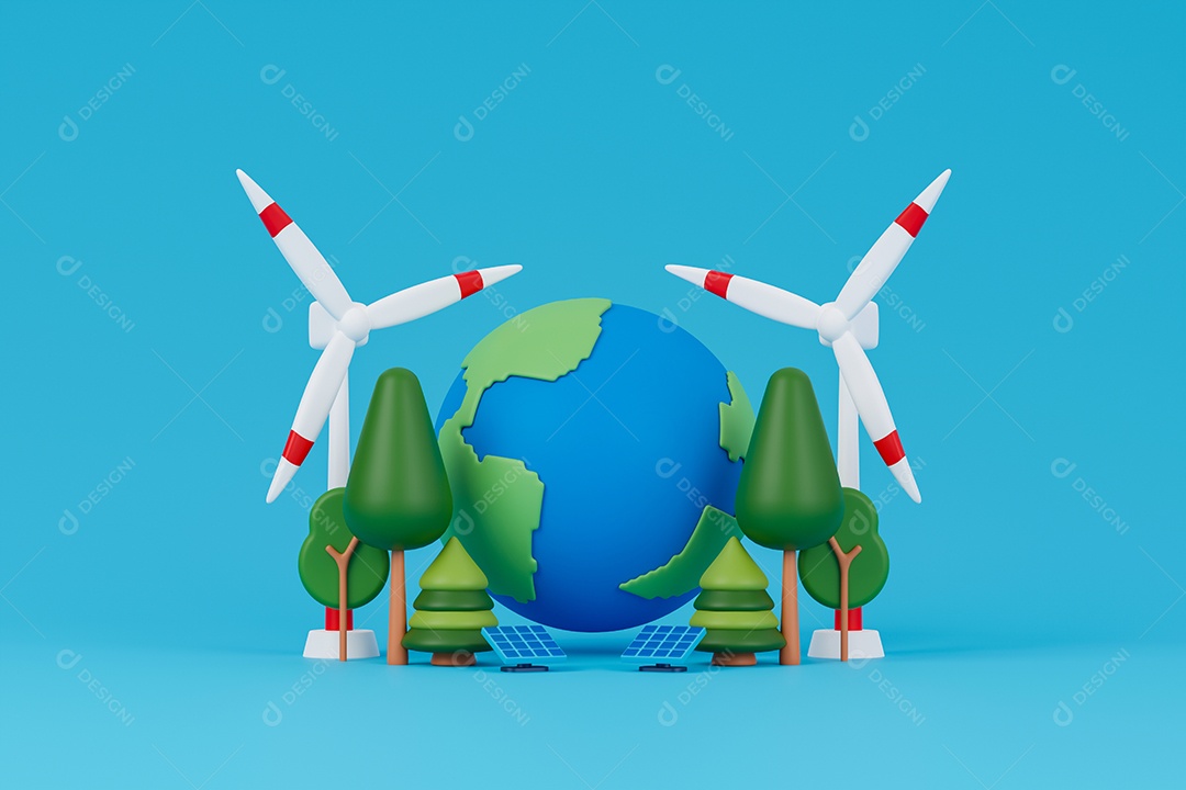 3D render terra com turbinas eólicas, árvores e painéis solares. Ambiente e conceito de energia sustentável.