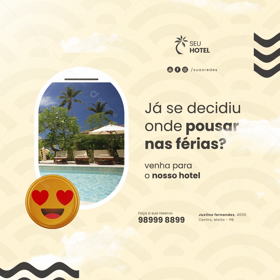 Hotelaria Já se Decidiu Onde Pousar nas Férias Venha para O Nosso Hotel Social Media PSD Editável
