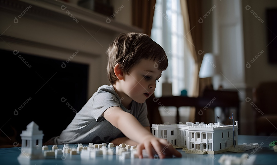 Menino criança autista brincando com peças brancas