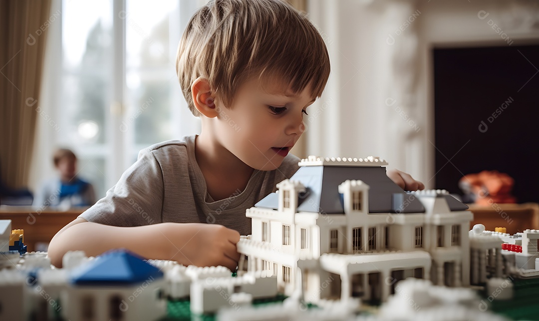 Menino criança autista brincando com peças brancas
