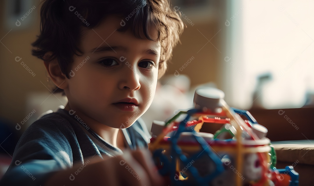 Menino criança autista brincando com peças coloridas