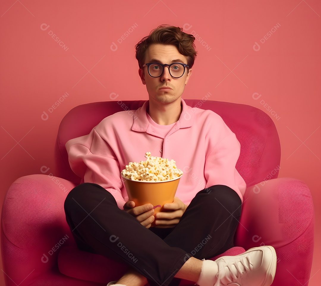 Homem sentado na poltrona assistindo filme com balde de pipoca