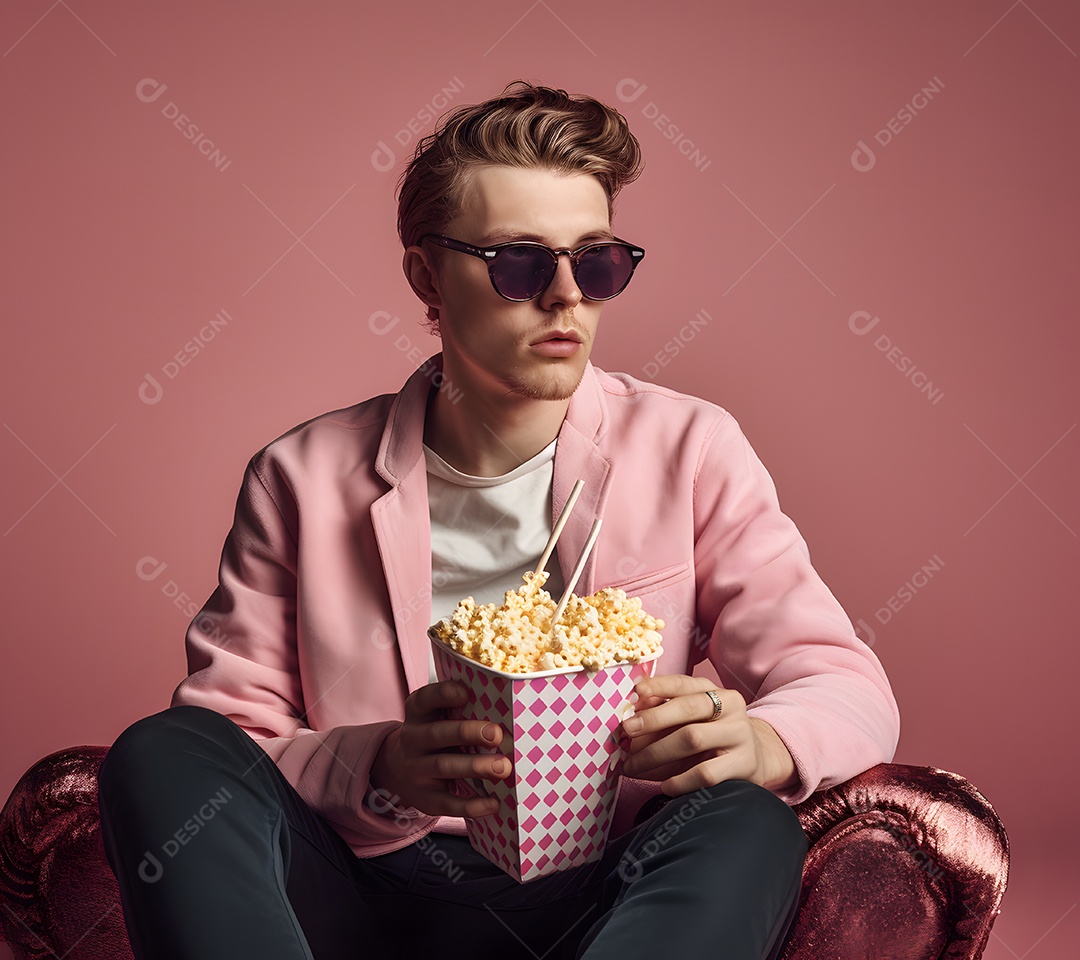 Homem sentado na poltrona assistindo filme com balde de pipoca