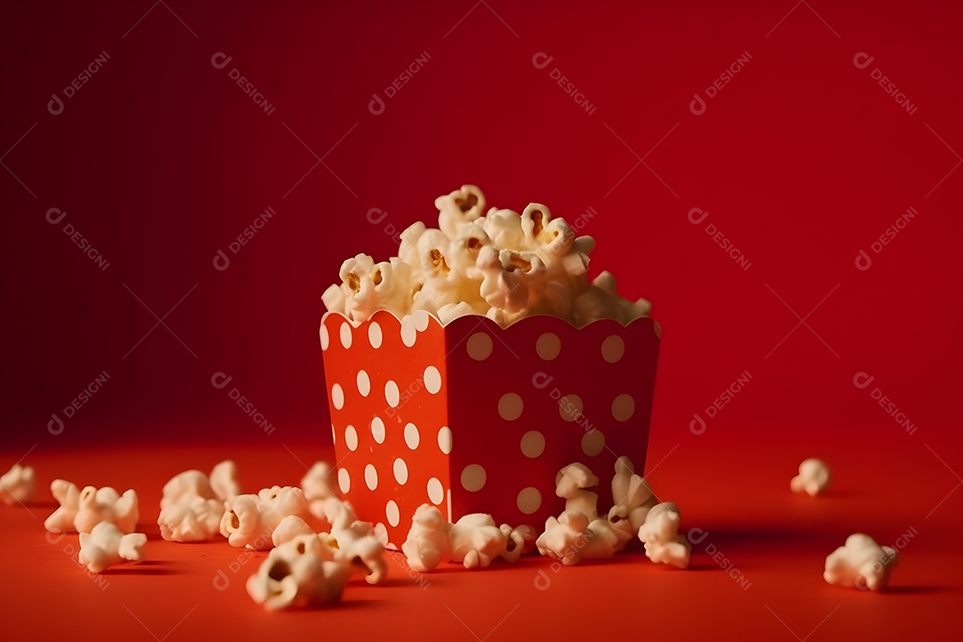 Balde de pipoca de cinema em fundo vermelho