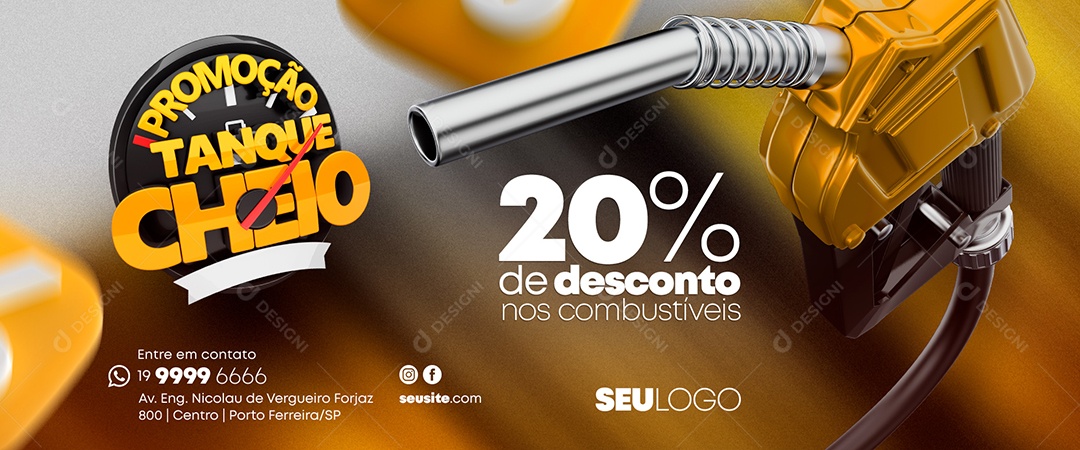 Banner Posto de Combustível Promoção Tanque Cheio 20% de Desconto nos Combustíveis Social Media PSD Editável