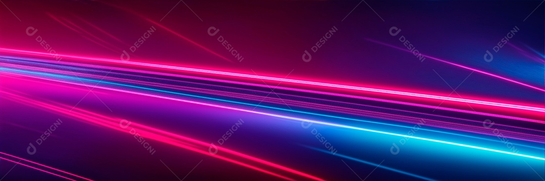 Papel de parede futurista estilo neon azul brilhante, vermelho e rosa, formato panorâmico.
