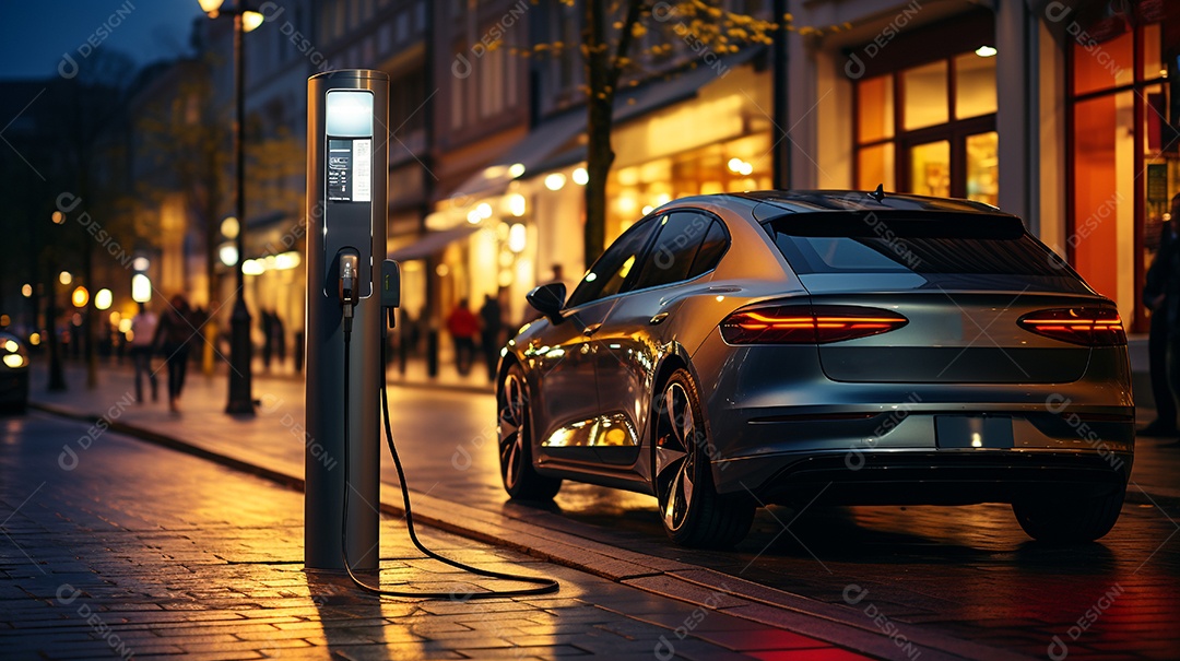 Carro EV ou veículo elétrico na estação de carregamento com fonte de alimentação.