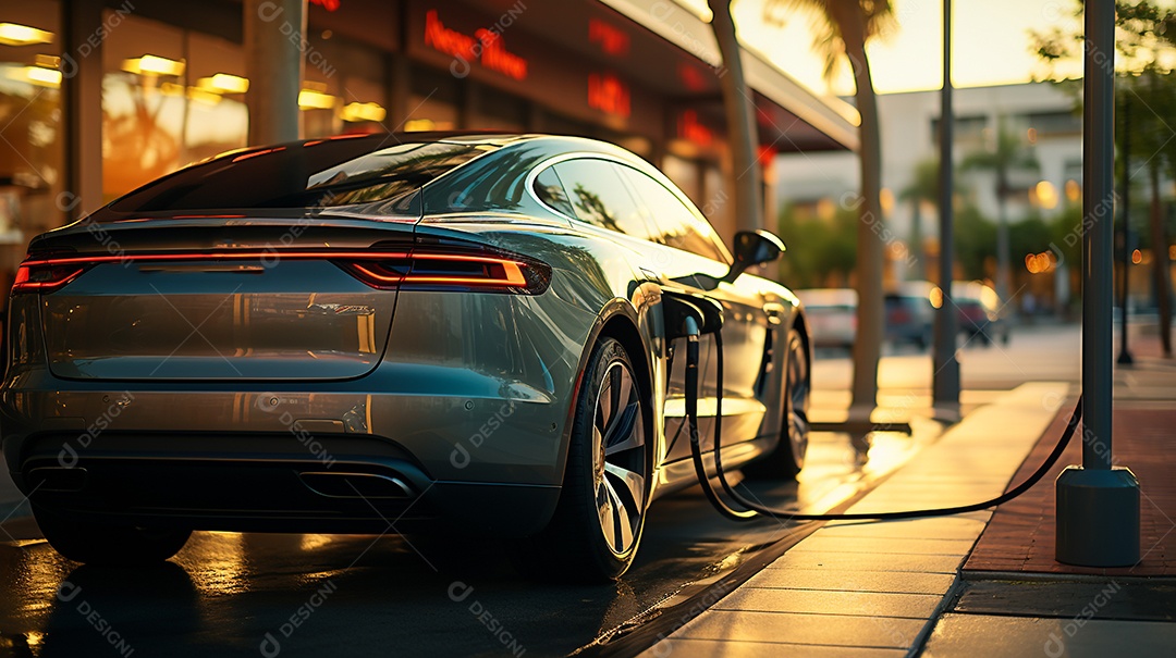 Carro EV ou veículo elétrico na estação de carregamento com fonte de alimentação.