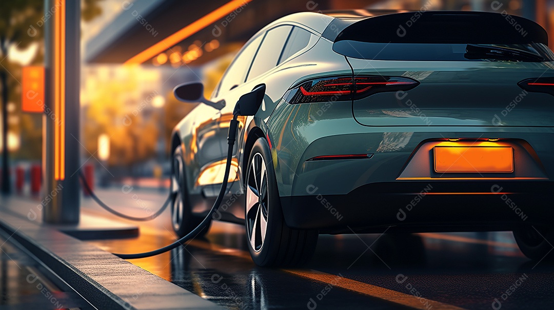 Carro EV ou veículo elétrico na estação de carregamento com fonte de alimentação.