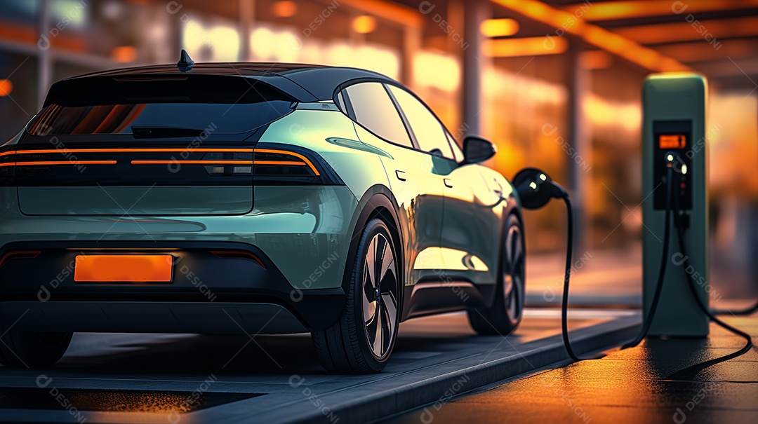 Carro EV ou veículo elétrico na estação de carregamento com fonte de alimentação.