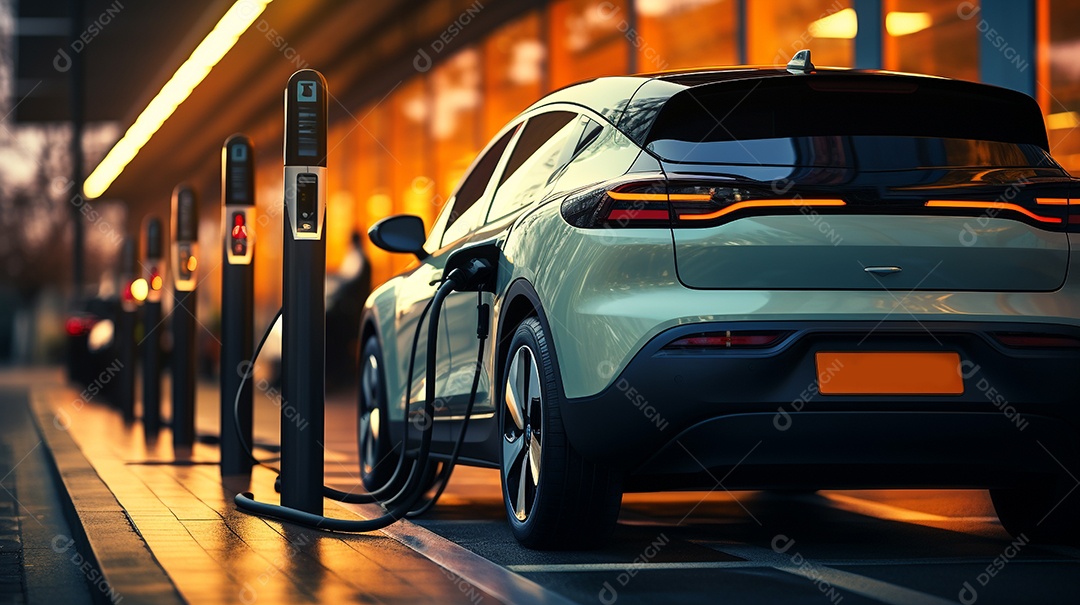 Carro EV ou veículo elétrico na estação de carregamento com fonte de alimentação.