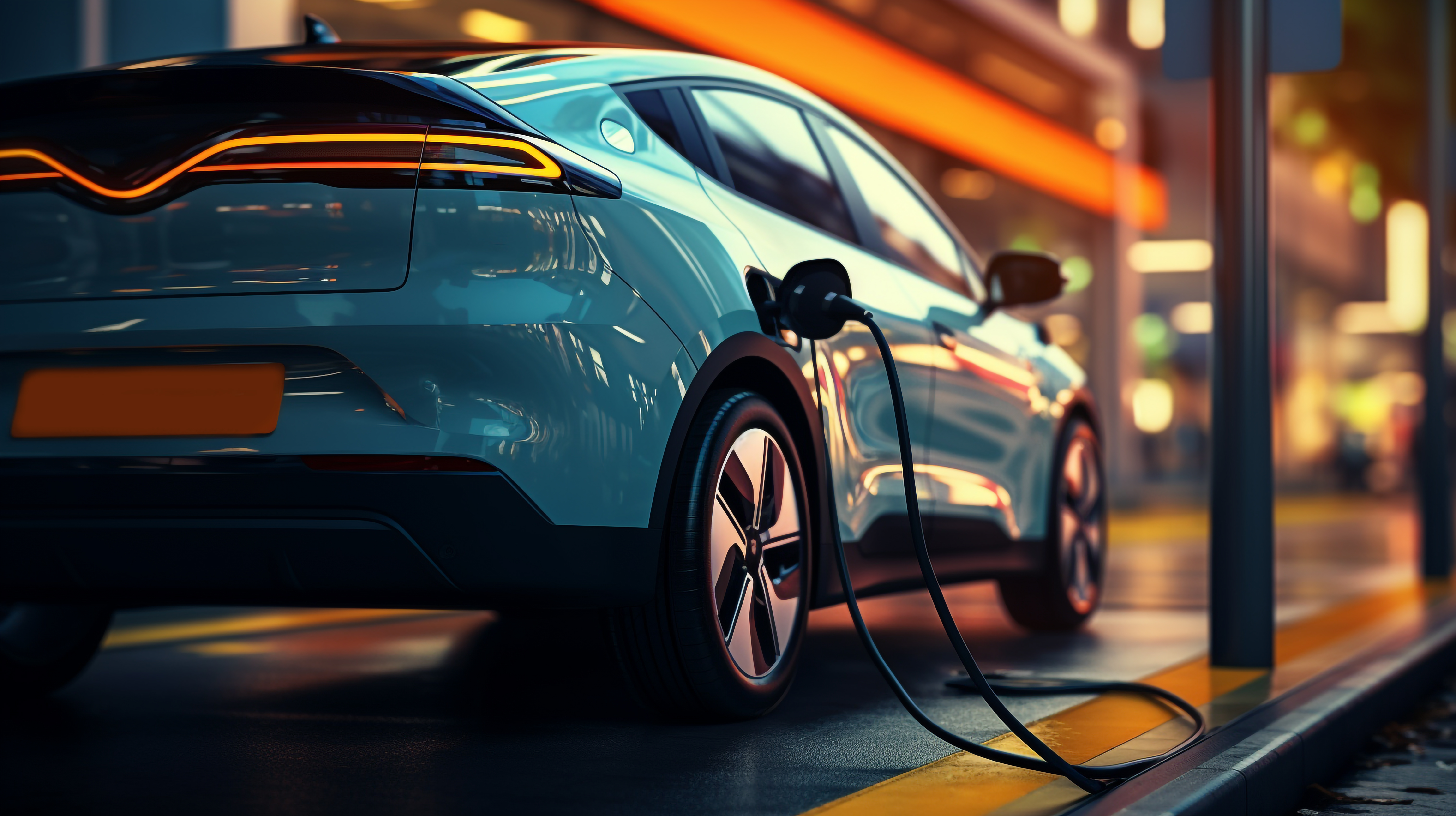 Carro EV ou veículo elétrico na estação de carregamento com fonte de alimentação.