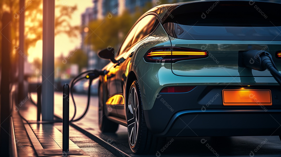 Carro EV ou veículo elétrico na estação de carregamento com fonte de alimentação.