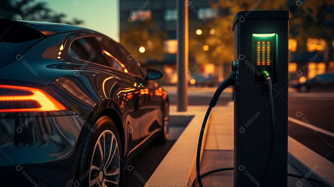 Carro EV ou veículo elétrico na estação de carregamento com fonte de alimentação.