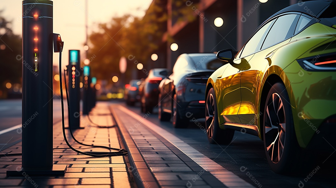 Carro EV ou veículo elétrico na estação de carregamento com fonte de alimentação.