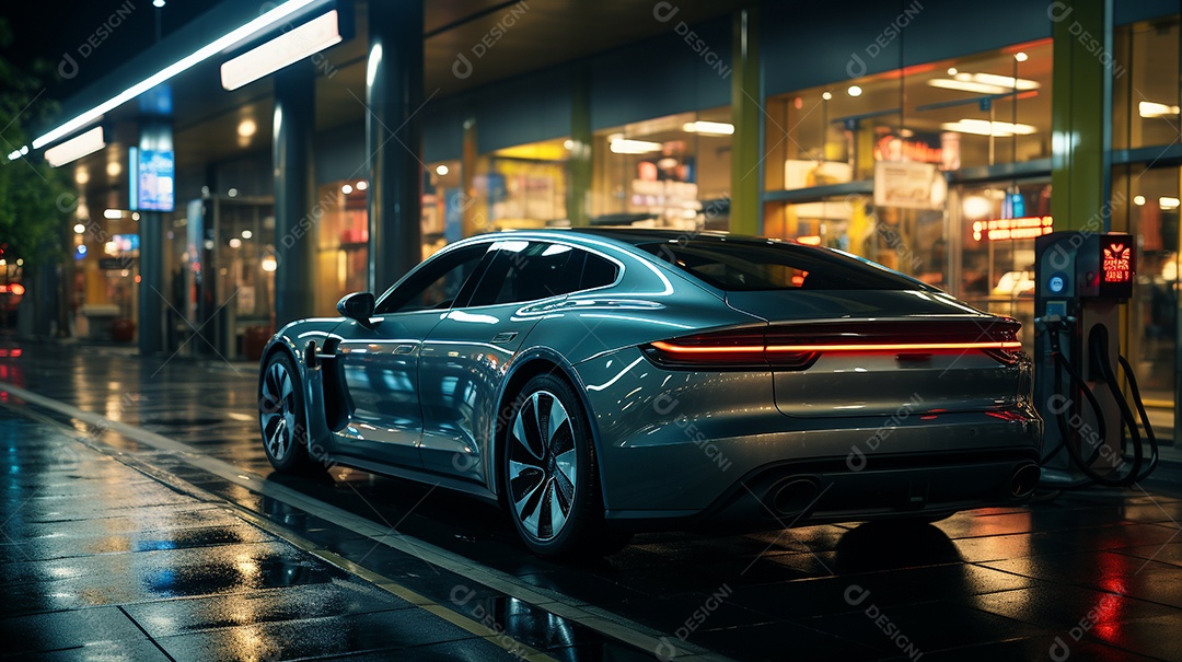 Carro EV ou veículo elétrico na estação de carregamento com fonte de alimentação.