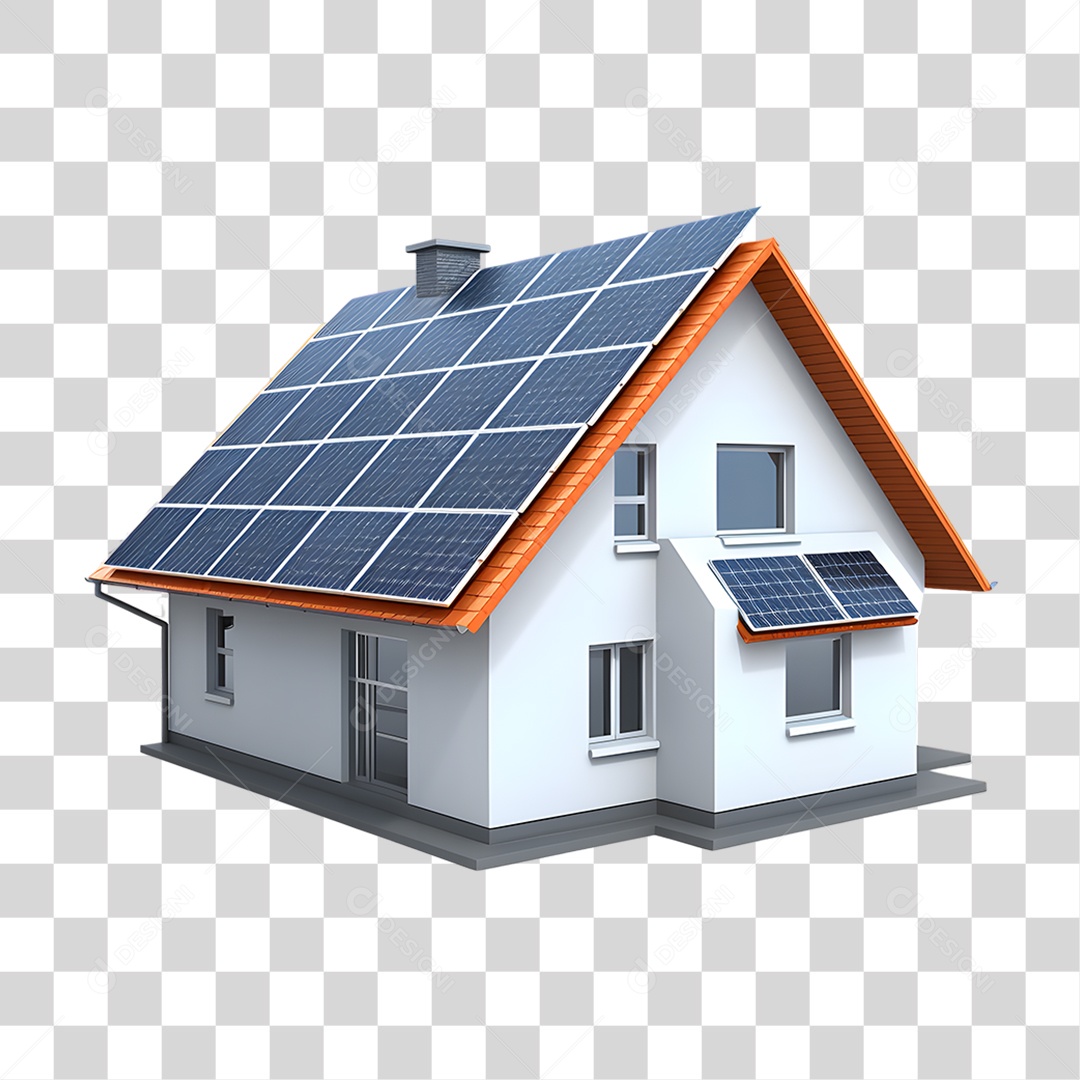 Objeto 3D Casa com Placa Solar para Composição PNG Transparente
