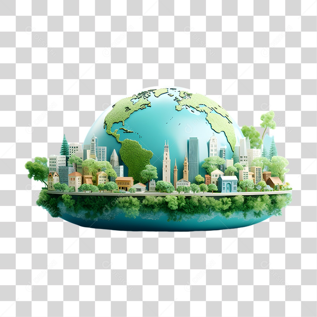 Objeto 3D Planeta com Prédios para Composição PNG Transparente