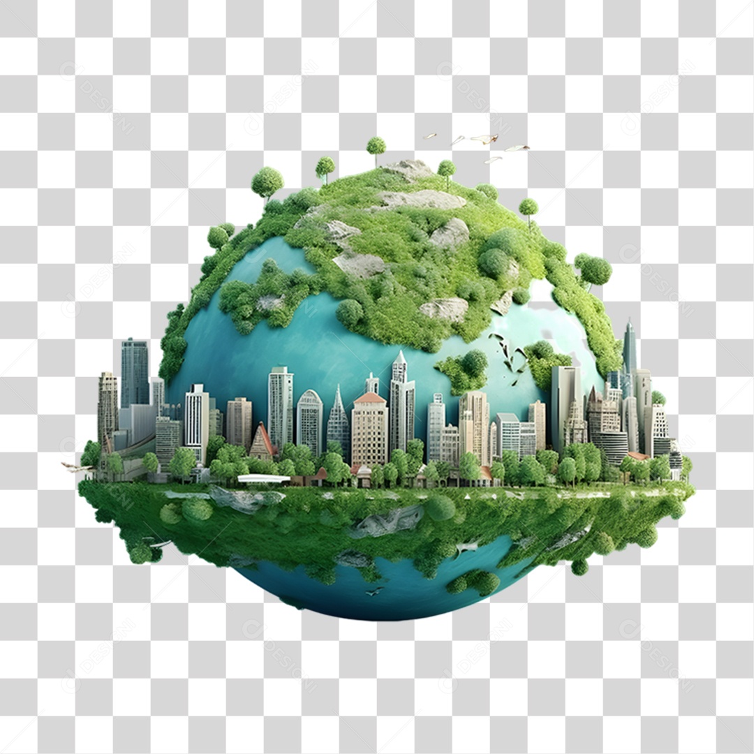 Objeto 3D Planeta com Prédios para Composição PNG Transparente
