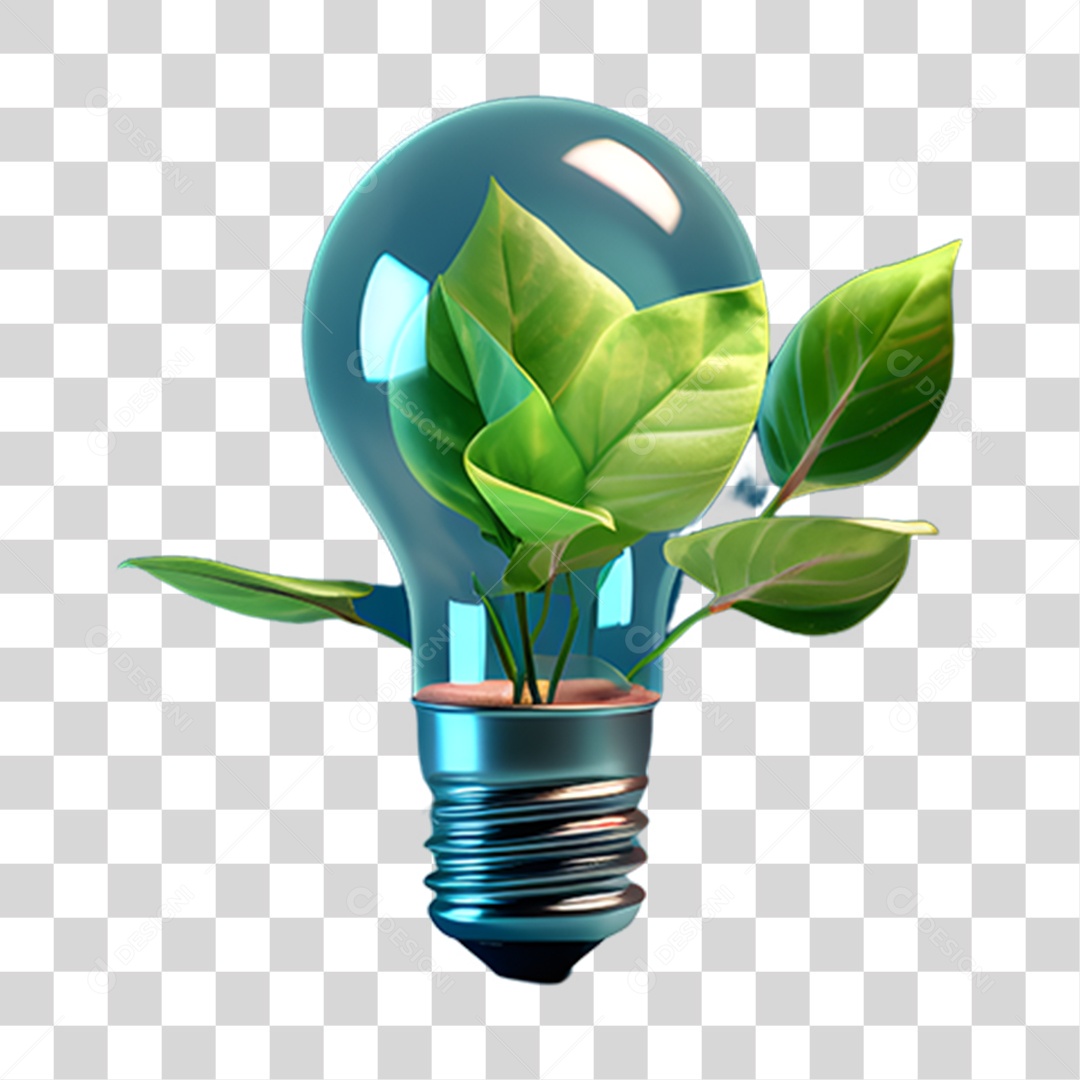 Objeto 3D Lâmpada com Planta Dentro para Composição PNG Transparente