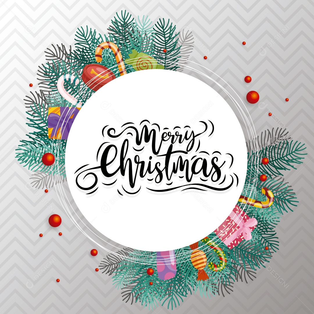 Texto de Feliz Natal Em Um Círculo Com Doces, Caixa de Presente e Folhas Vetor EPS