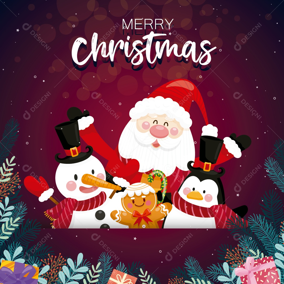 Feliz Natal Com Papai Noel e Várias Caixas de Presente no Fundo Nevado Vetor EPS