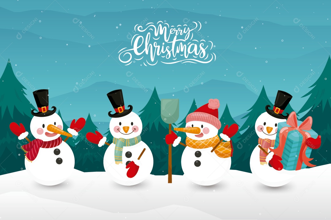 Feliz Natal Com Boneco de Neve Feliz no Inverno Vetor EPS